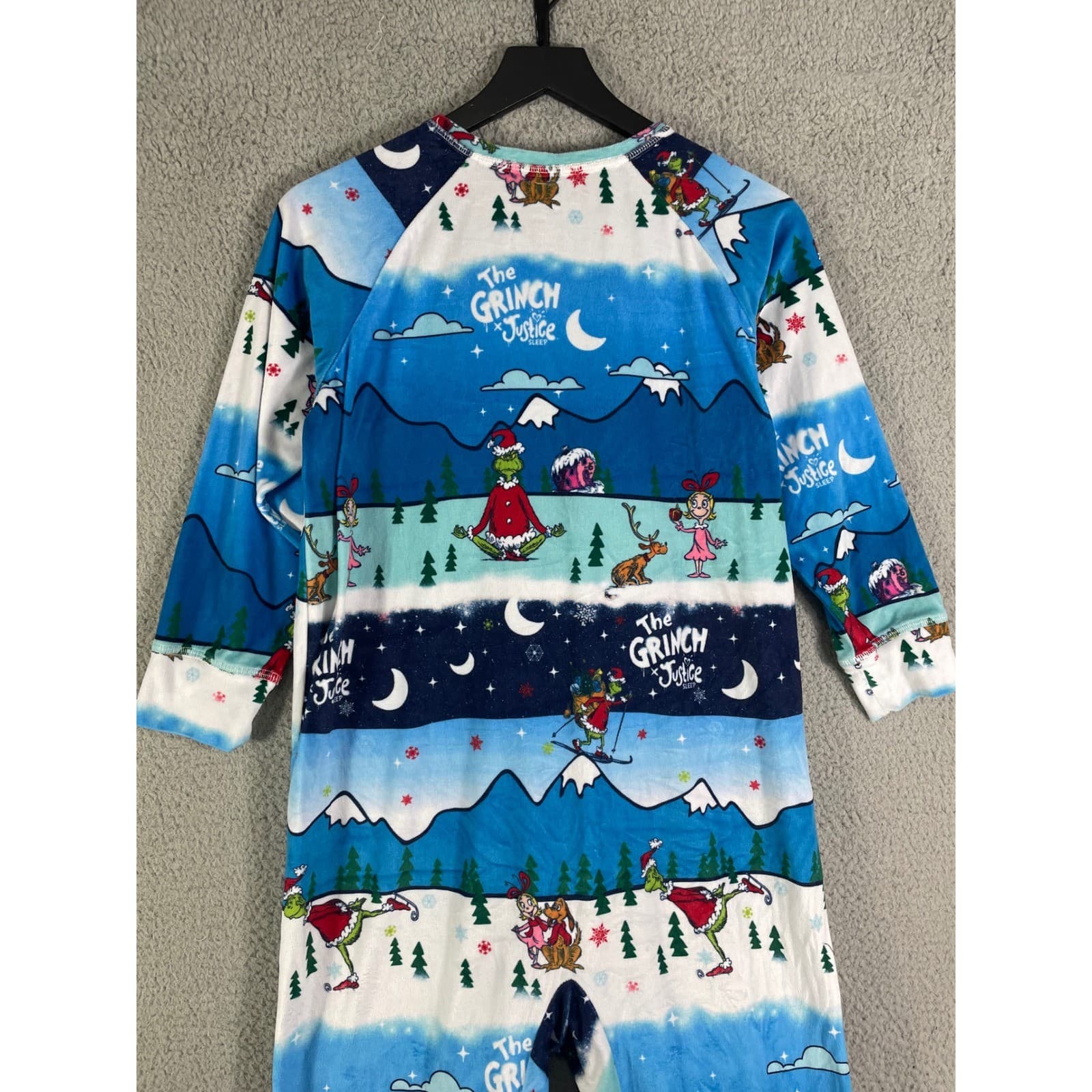 Justice Grinch Girls Fleece One Piece Pajamas Blue Ski Print Zip Hooded 12/14 - Thumbnail 11