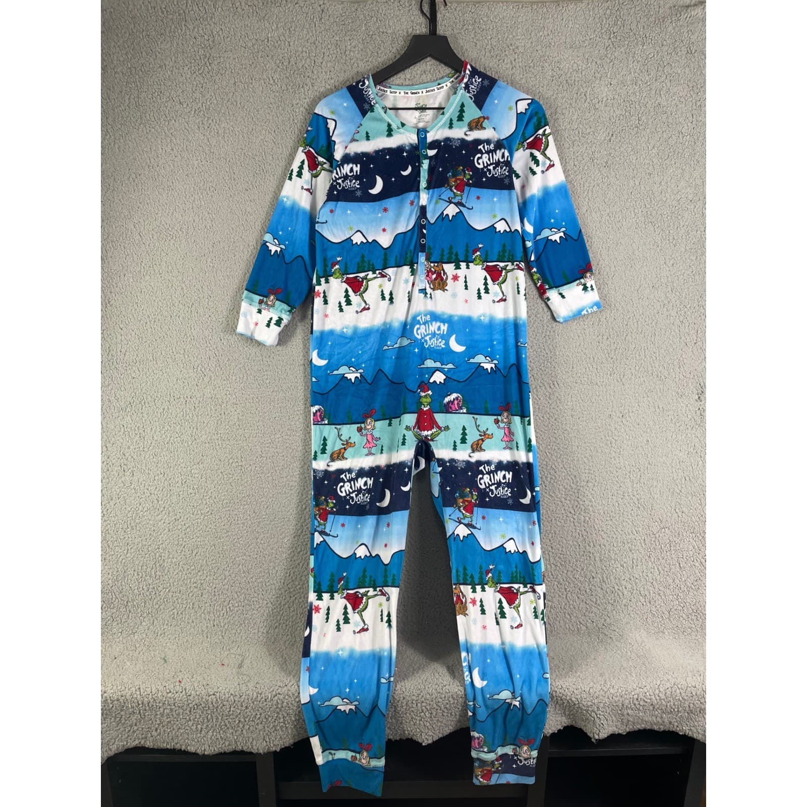 Justice Grinch Girls Fleece One Piece Pajamas Blue Ski Print Zip Hooded 12/14 - Thumbnail 5