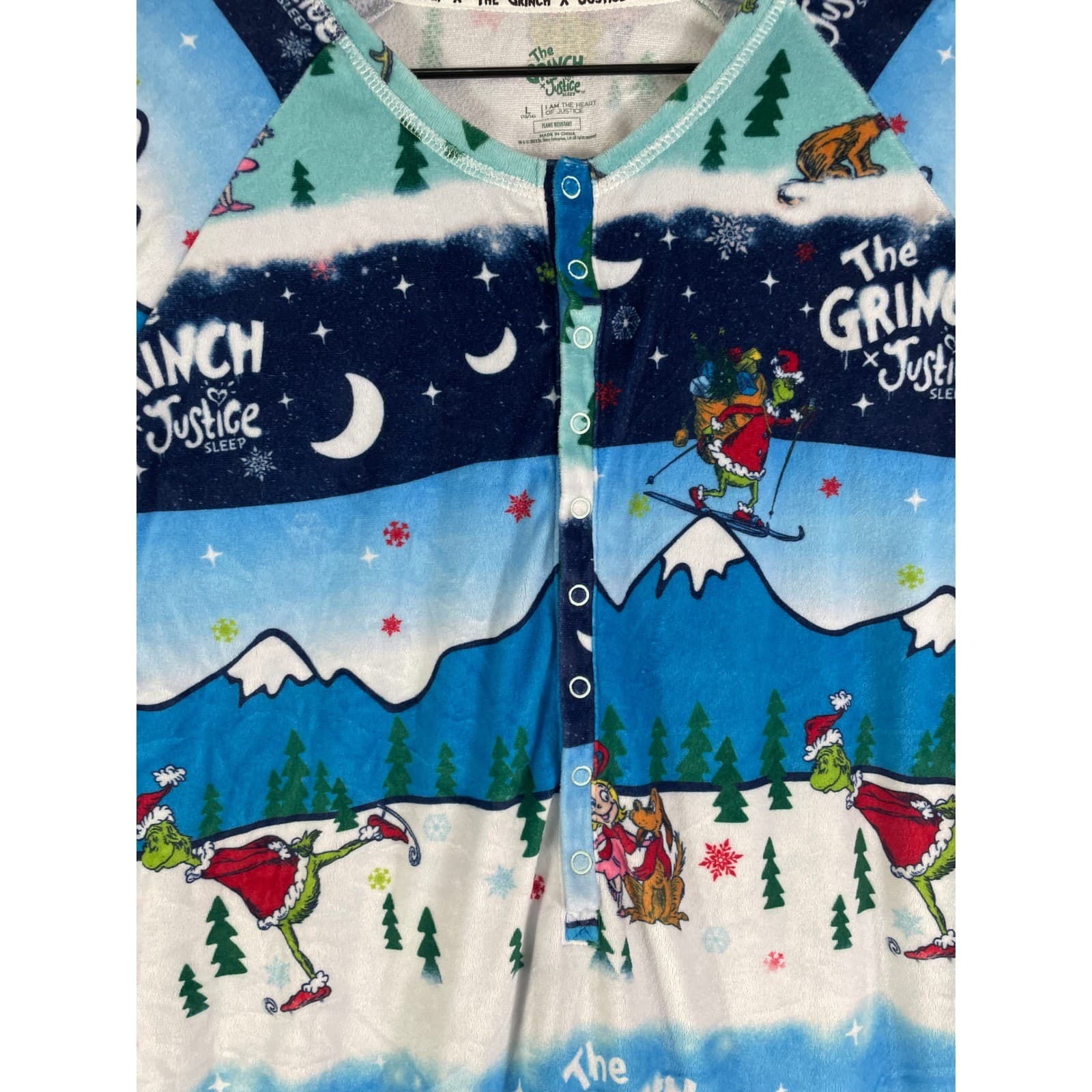Justice Grinch Girls Fleece One Piece Pajamas Blue Ski Print Zip Hooded 12/14 - Thumbnail 8