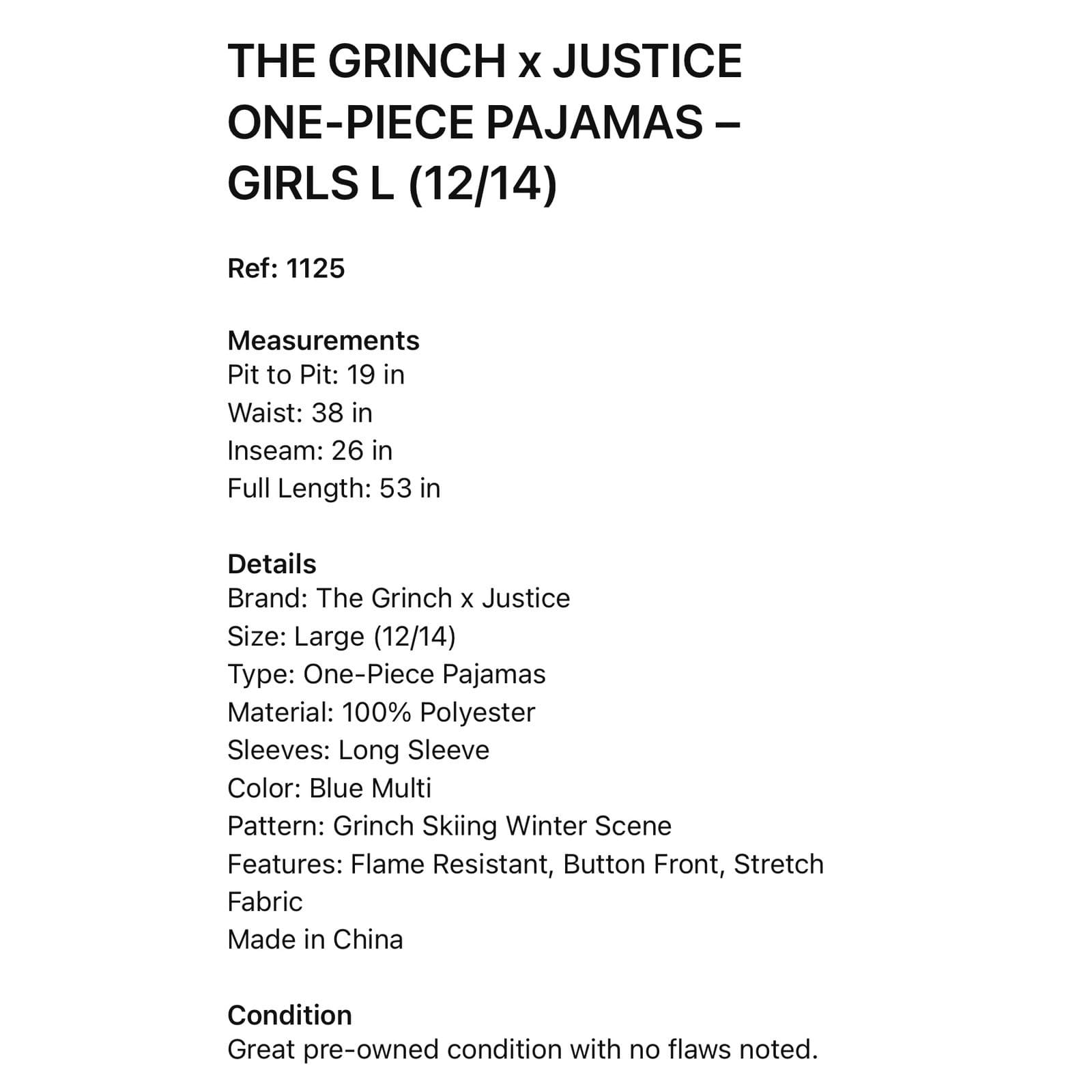 Justice Grinch Girls Fleece One Piece Pajamas Blue Ski Print Zip Hooded 12/14 - Thumbnail 2