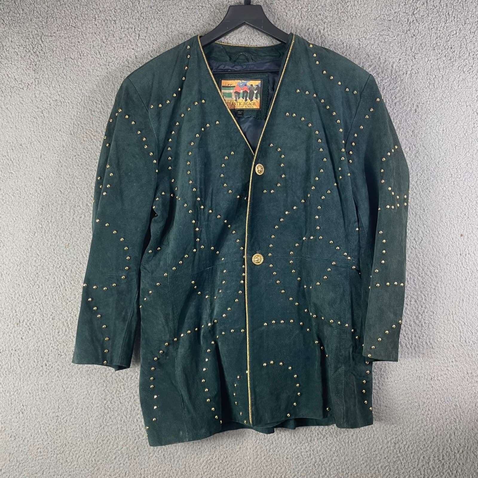 Atlantic Beach Vintage Green Studded Leather Jacket Womens 16 Gold Trim 90s - Thumbnail 4
