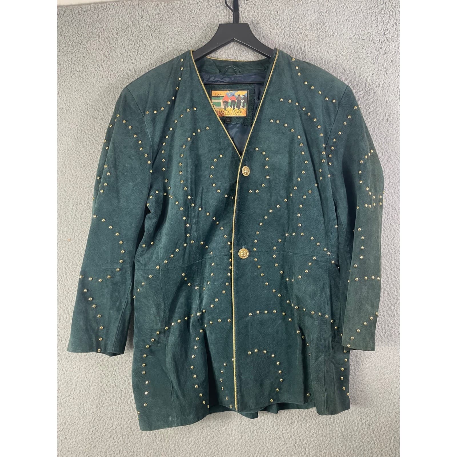 Atlantic Beach Vintage Green Studded Leather Jacket Womens 16 Gold Trim 90s - Thumbnail 5