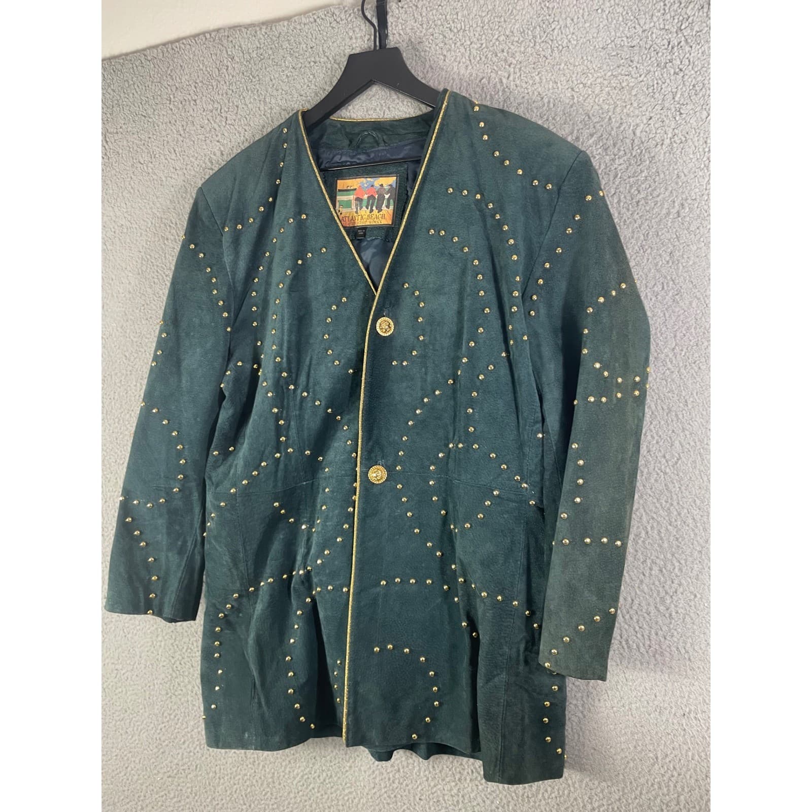 Atlantic Beach Vintage Green Studded Leather Jacket Womens 16 Gold Trim 90s - Thumbnail 6