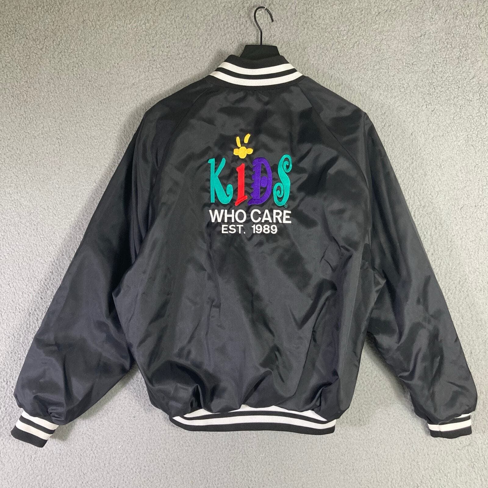 Vintage 90s ASW Kids Who Care Musical Theatre Jacket L Black Satin Varsity USA - Thumbnail 2