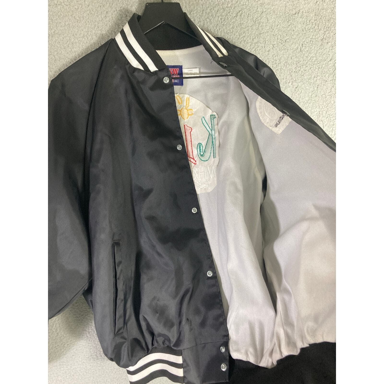 Vintage 90s ASW Kids Who Care Musical Theatre Jacket L Black Satin Varsity USA - Thumbnail 11