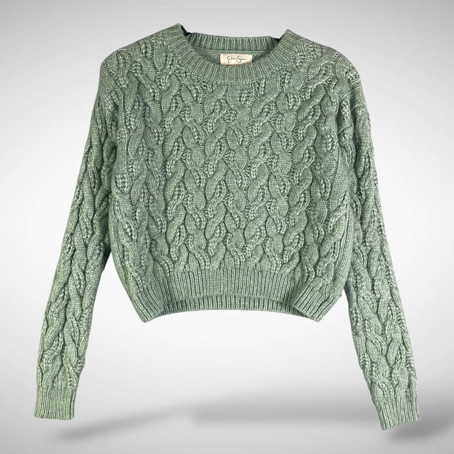Jessica Simpson Cable Knit Cropped Sweater Sage Green Crew Neck Size Large