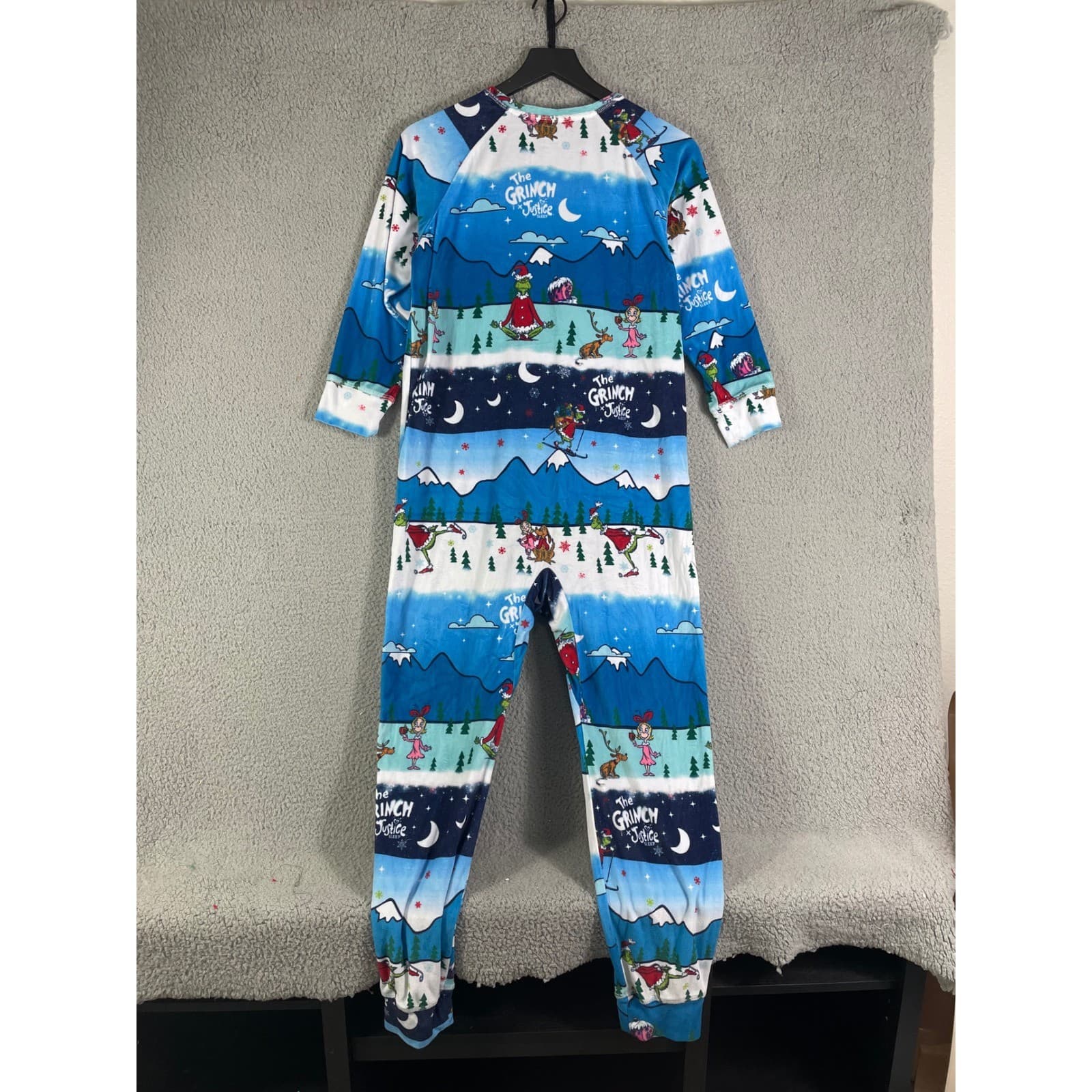 Justice Grinch Girls Fleece One Piece Pajamas Blue Ski Print Zip Hooded 12/14 - Thumbnail 6