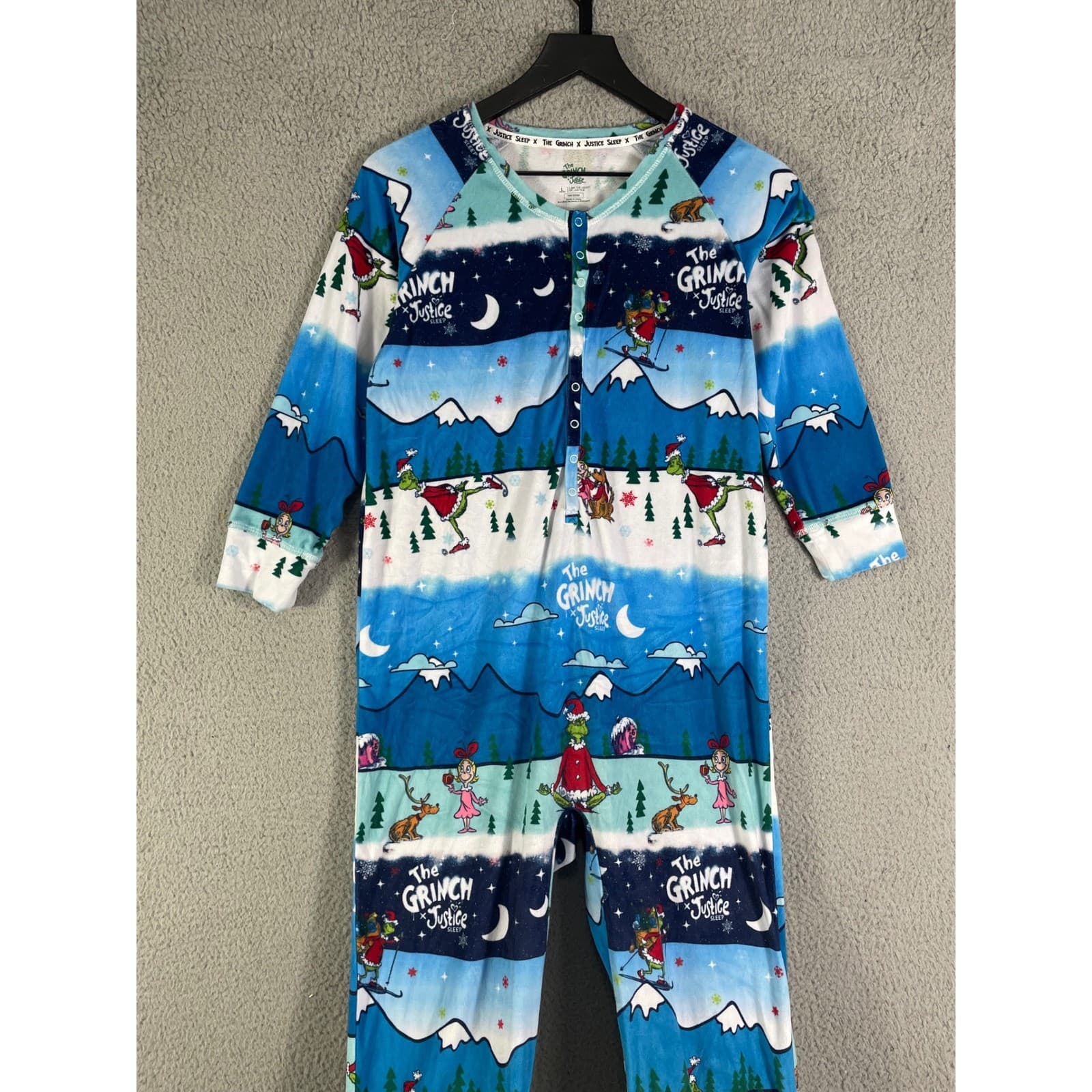 Justice Grinch Girls Fleece One Piece Pajamas Blue Ski Print Zip Hooded 12/14 - Thumbnail 7