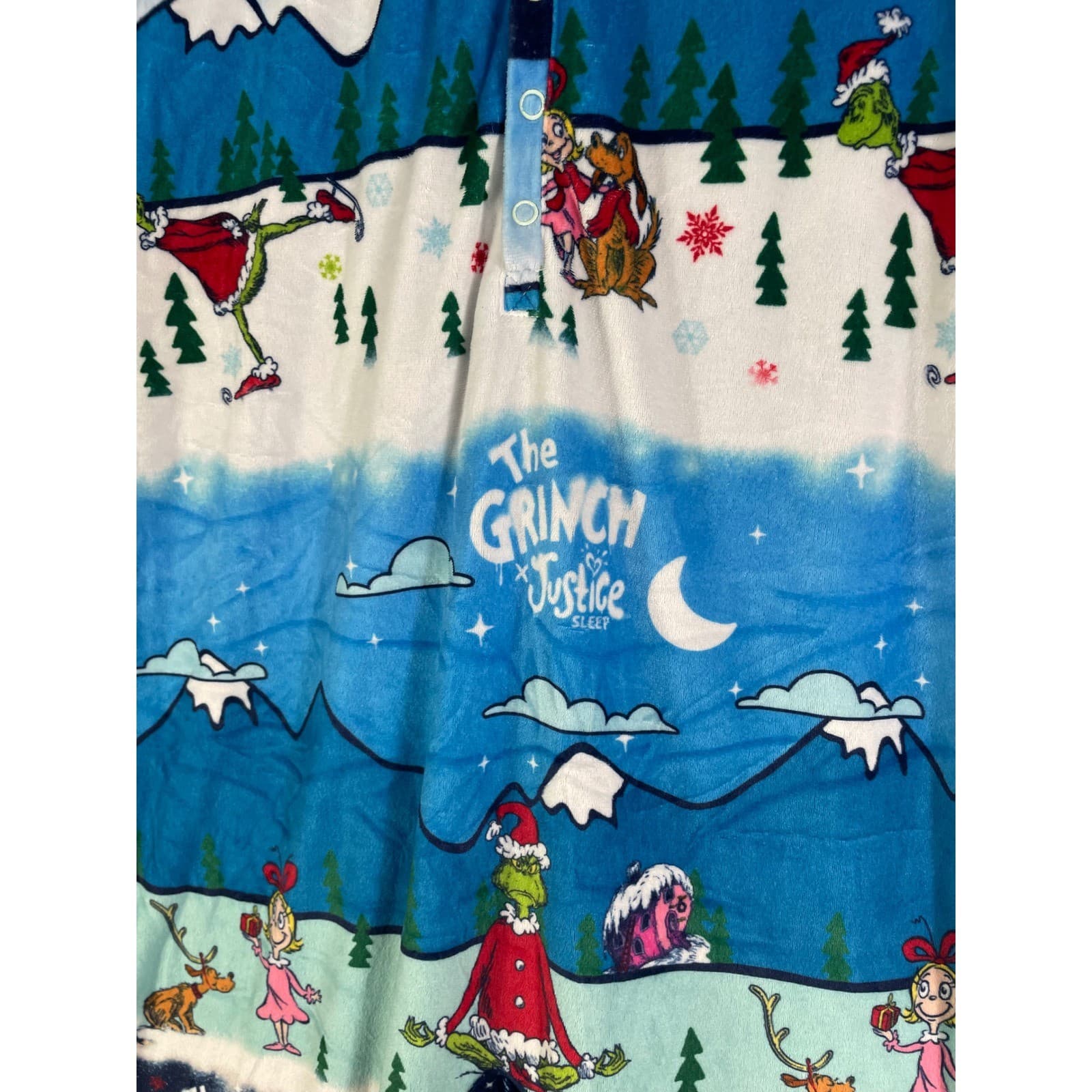 Justice Grinch Girls Fleece One Piece Pajamas Blue Ski Print Zip Hooded 12/14 - Thumbnail 10