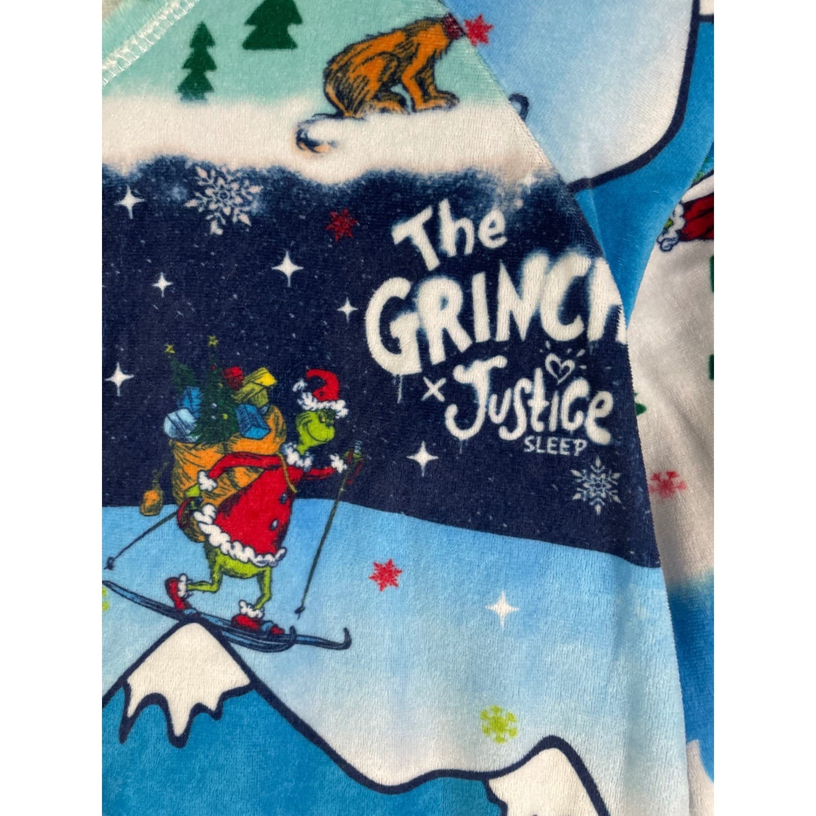 Justice Grinch Girls Fleece One Piece Pajamas Blue Ski Print Zip Hooded 12/14 - Thumbnail 9