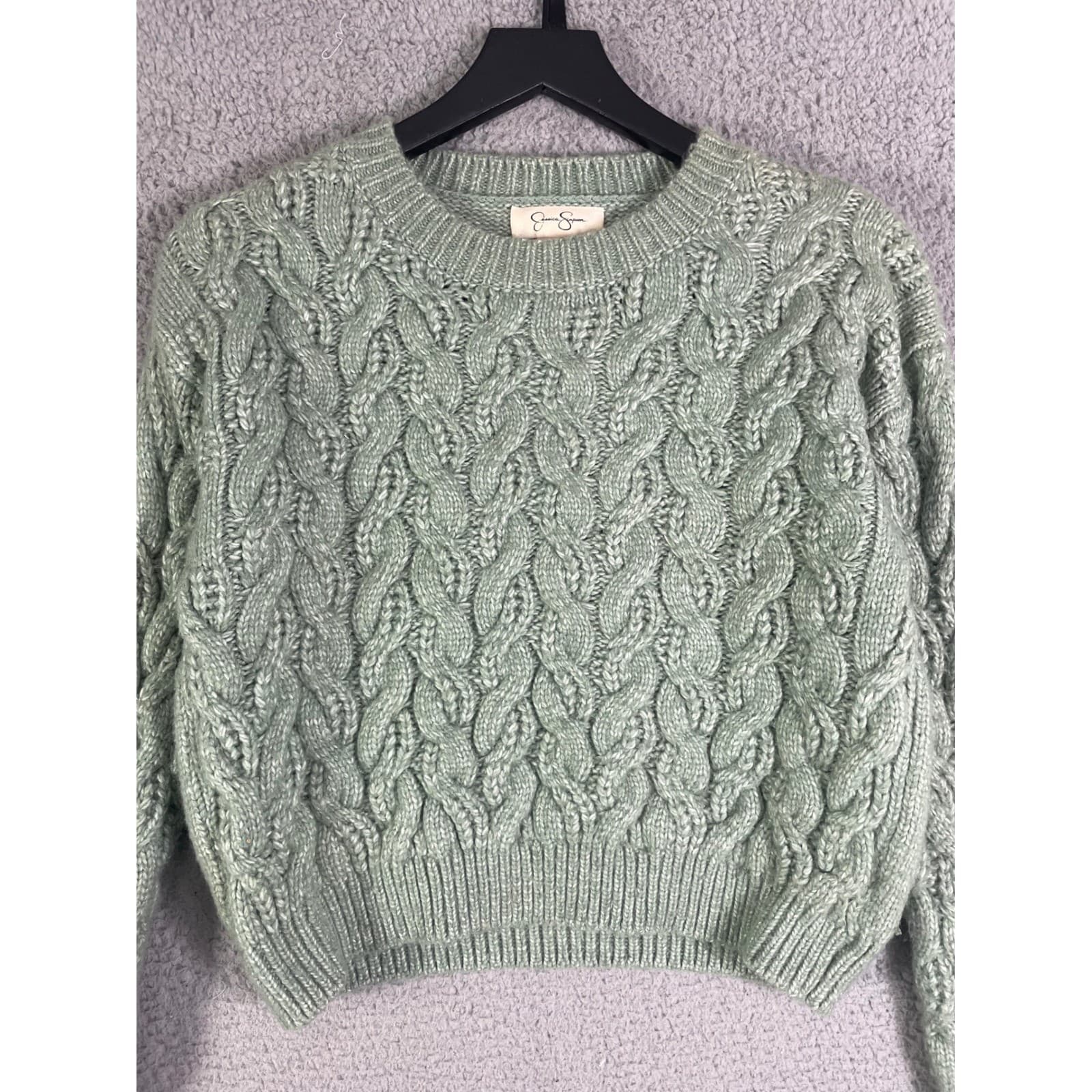 Jessica Simpson Cable Knit Cropped Sweater Sage Green Crew Neck Size Large - Thumbnail 7