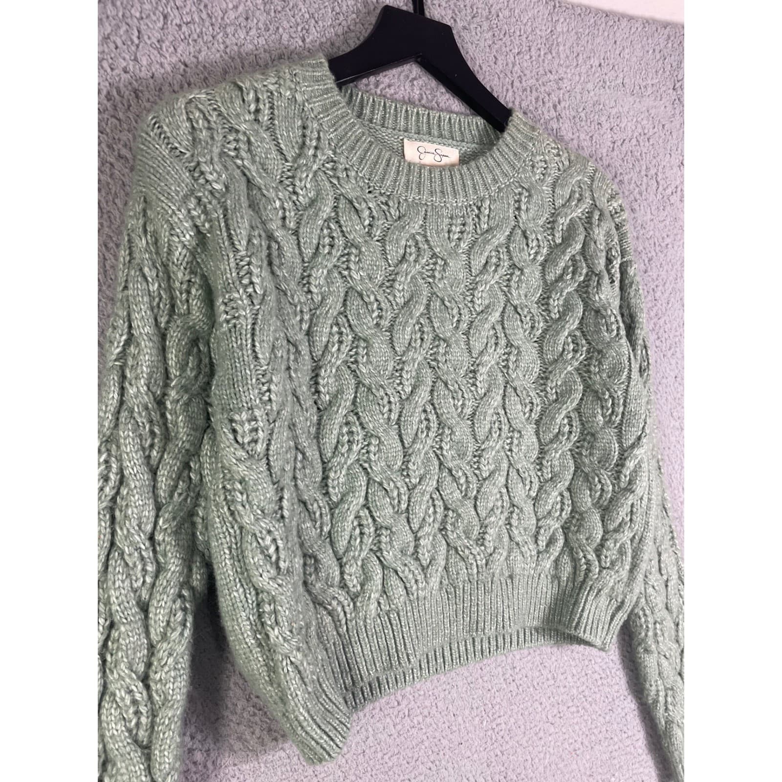 Jessica Simpson Cable Knit Cropped Sweater Sage Green Crew Neck Size Large - Thumbnail 8