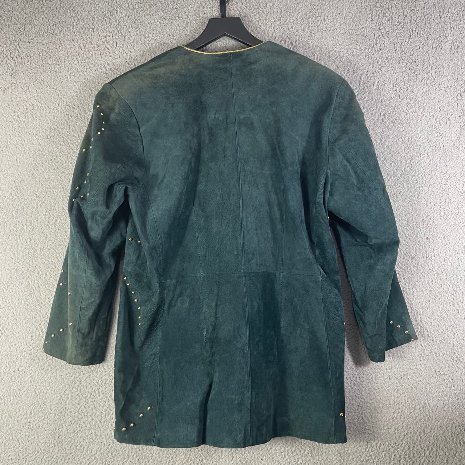 Atlantic Beach Vintage Green Studded Leather Jacket Womens 16 Gold Trim 90s - Thumbnail 11