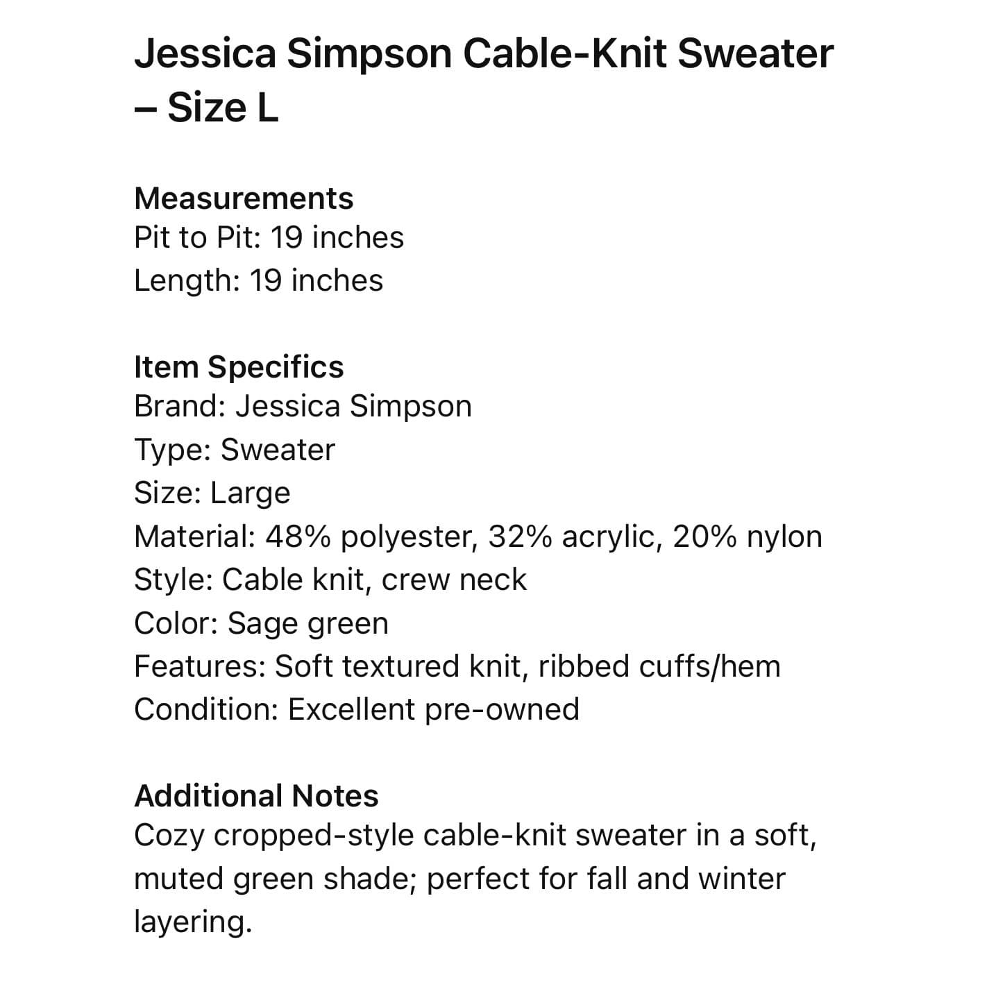 Jessica Simpson Cable Knit Cropped Sweater Sage Green Crew Neck Size Large - Thumbnail 2