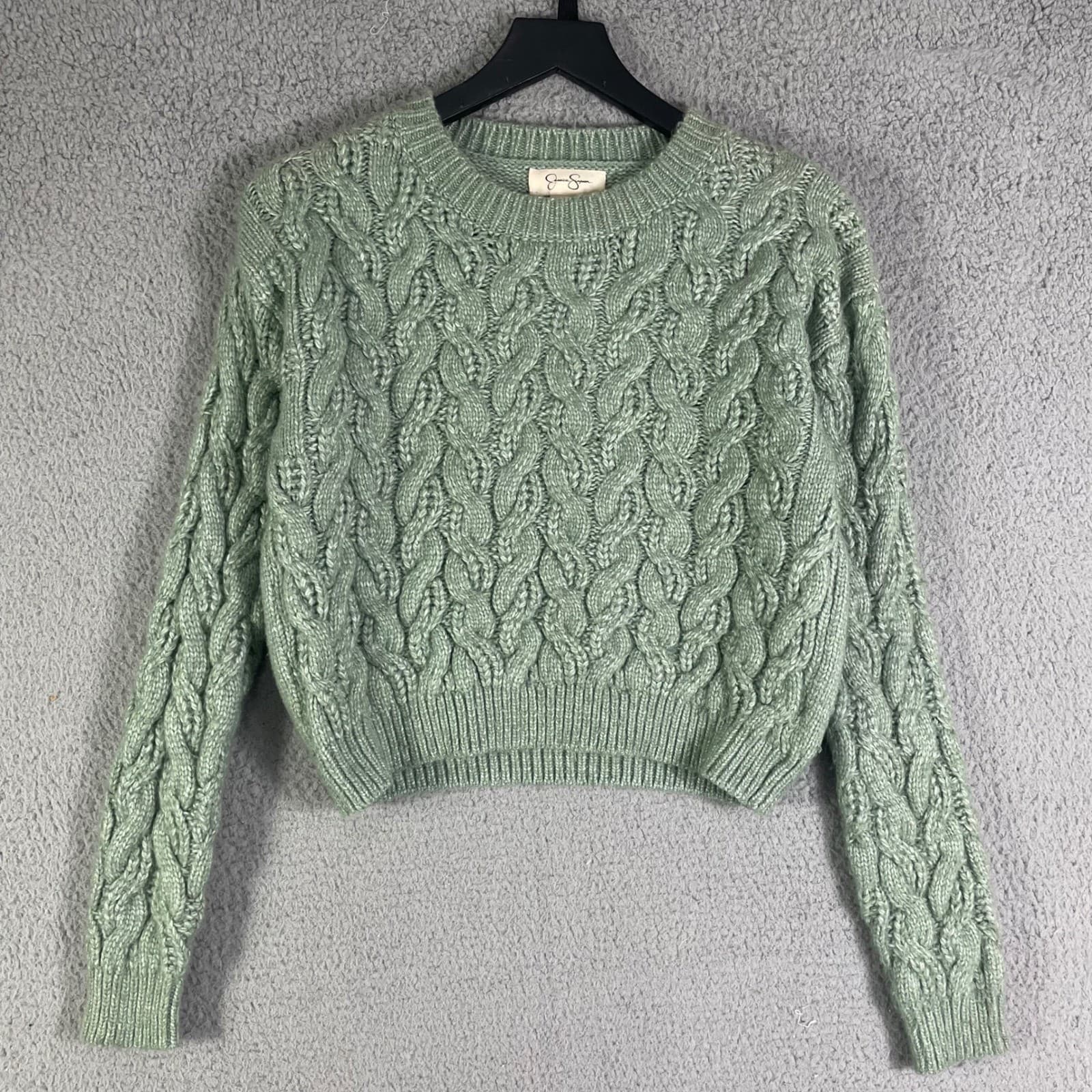 Jessica Simpson Cable Knit Cropped Sweater Sage Green Crew Neck Size Large - Thumbnail 5