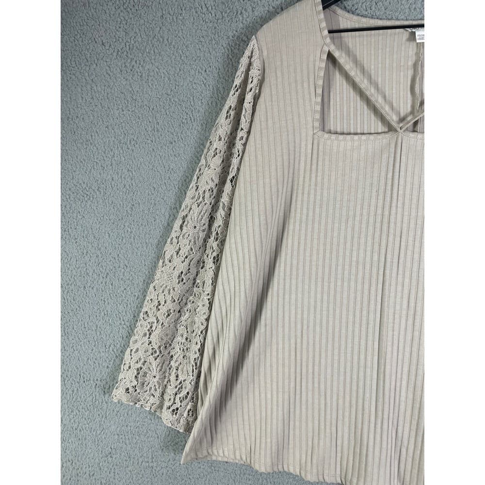 Cato Plus Size 22W 24W Beige Ribbed Top Lace Balloon Sleeve Blouse - Thumbnail 10