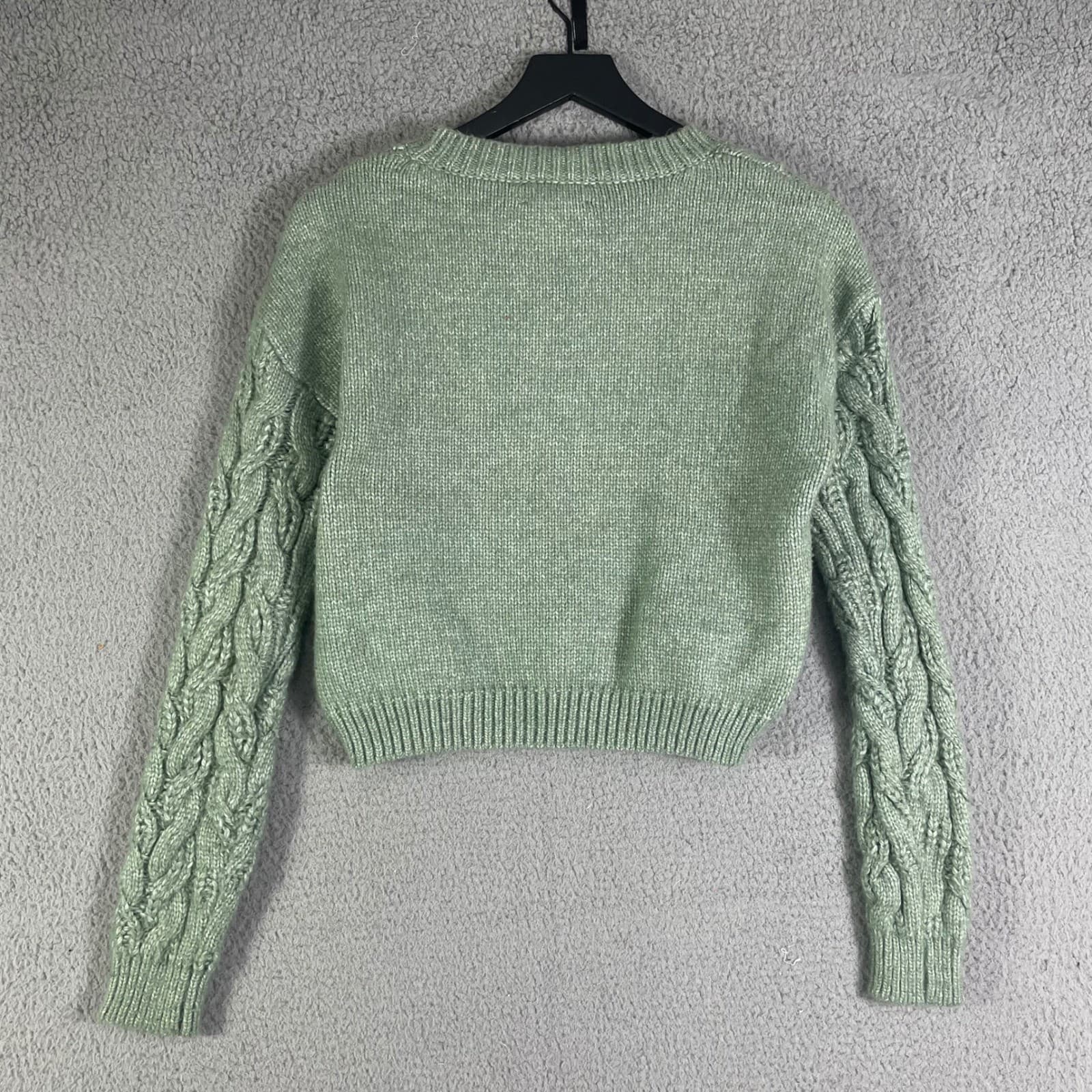 Jessica Simpson Cable Knit Cropped Sweater Sage Green Crew Neck Size Large - Thumbnail 6