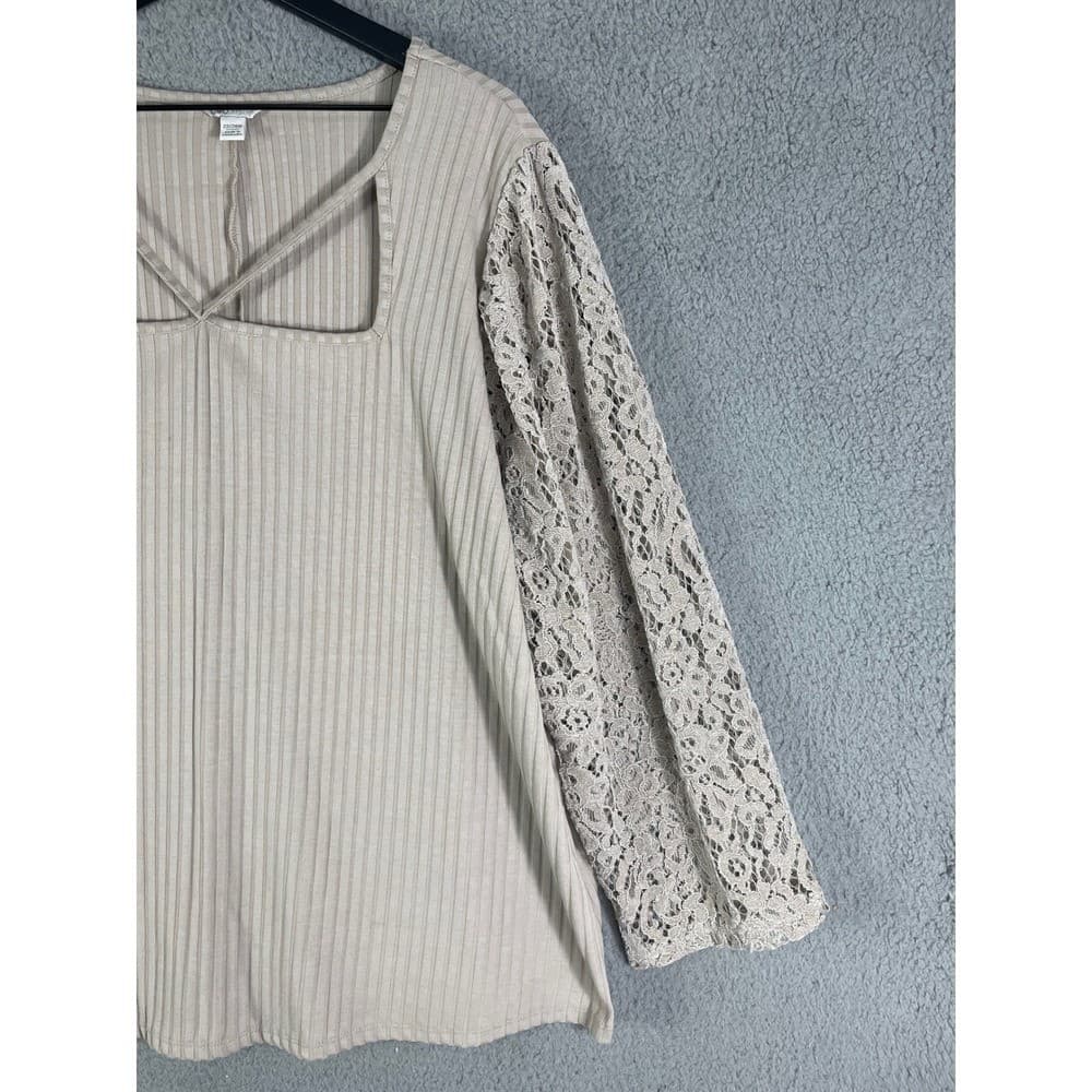 Cato Plus Size 22W 24W Beige Ribbed Top Lace Balloon Sleeve Blouse - Thumbnail 9