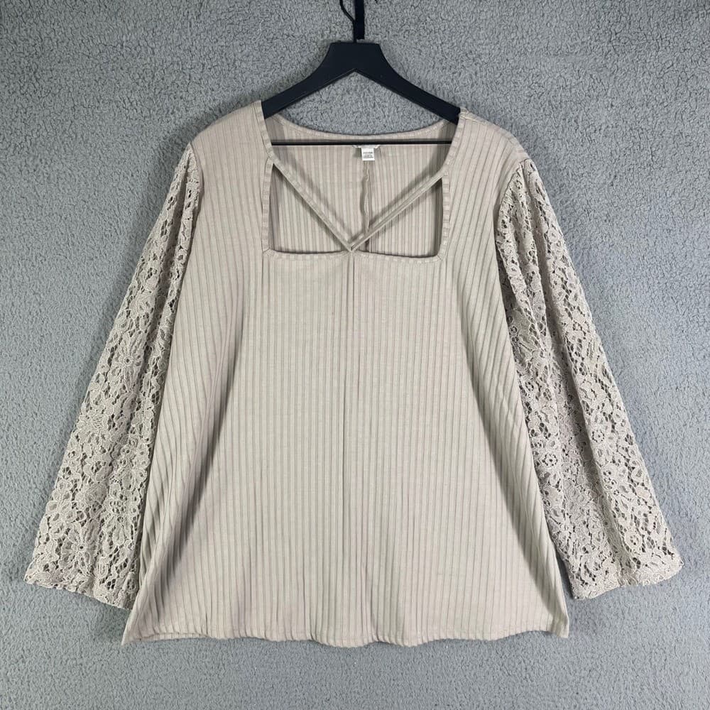 Cato Plus Size 22W 24W Beige Ribbed Top Lace Balloon Sleeve Blouse - Thumbnail 6