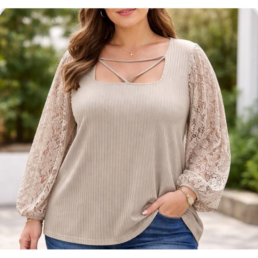 Cato Plus Size 22W 24W Beige Ribbed Top Lace Balloon Sleeve Blouse