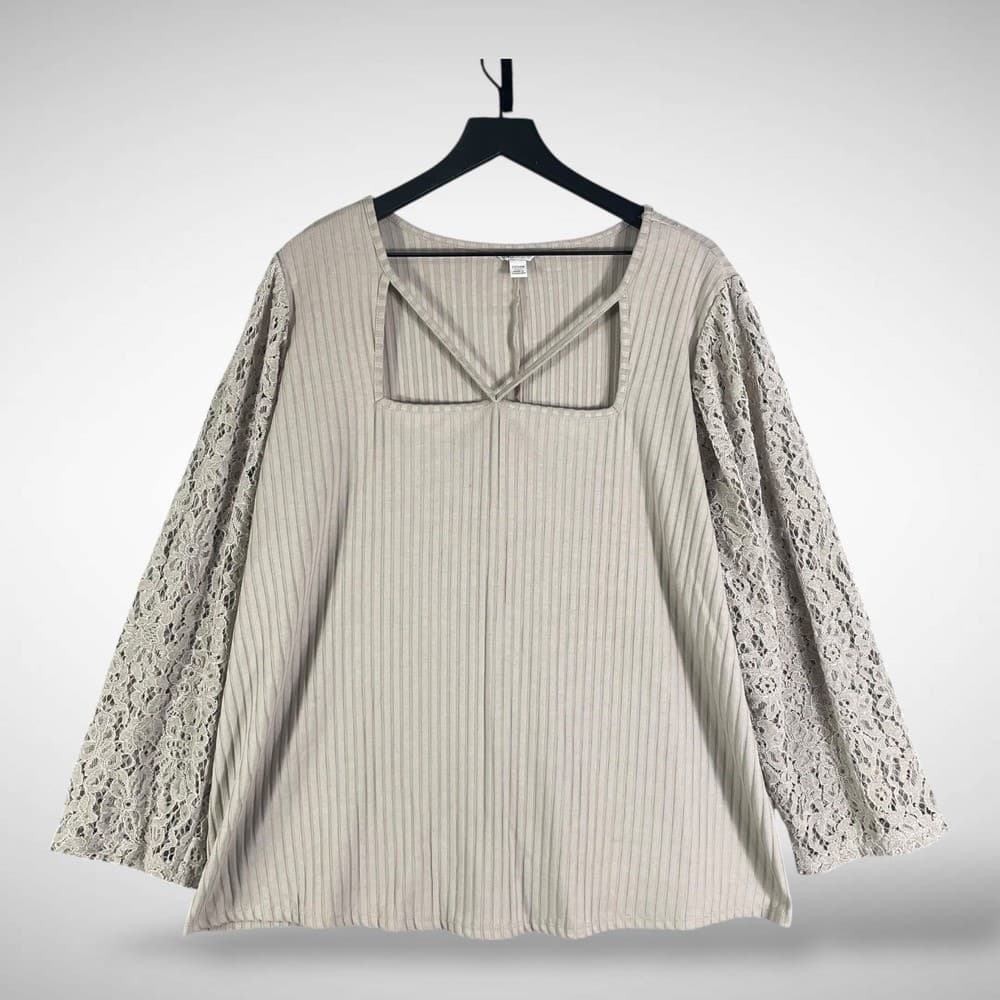 Cato Plus Size 22W 24W Beige Ribbed Top Lace Balloon Sleeve Blouse - Thumbnail 2