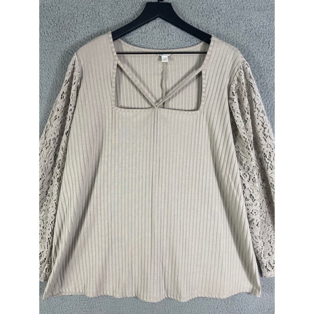 Cato Plus Size 22W 24W Beige Ribbed Top Lace Balloon Sleeve Blouse - Thumbnail 8