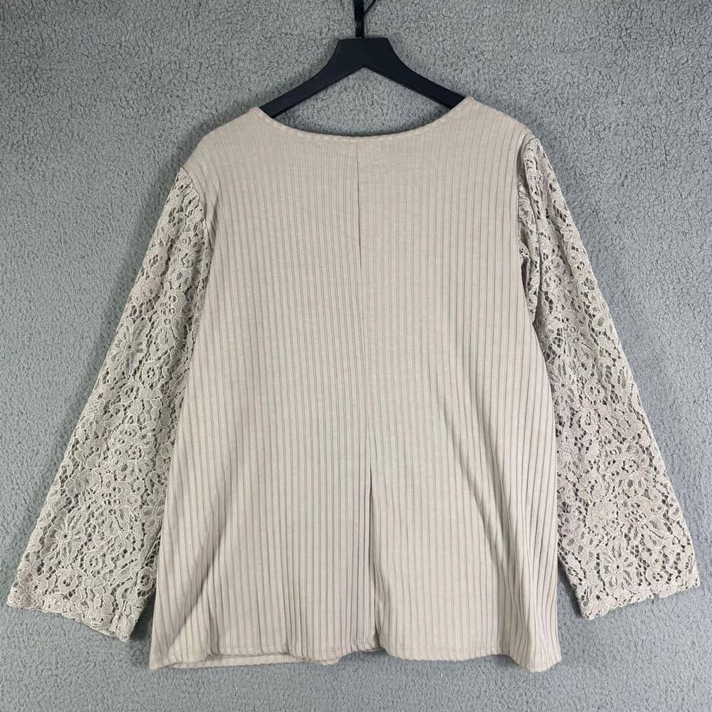 Cato Plus Size 22W 24W Beige Ribbed Top Lace Balloon Sleeve Blouse - Thumbnail 7