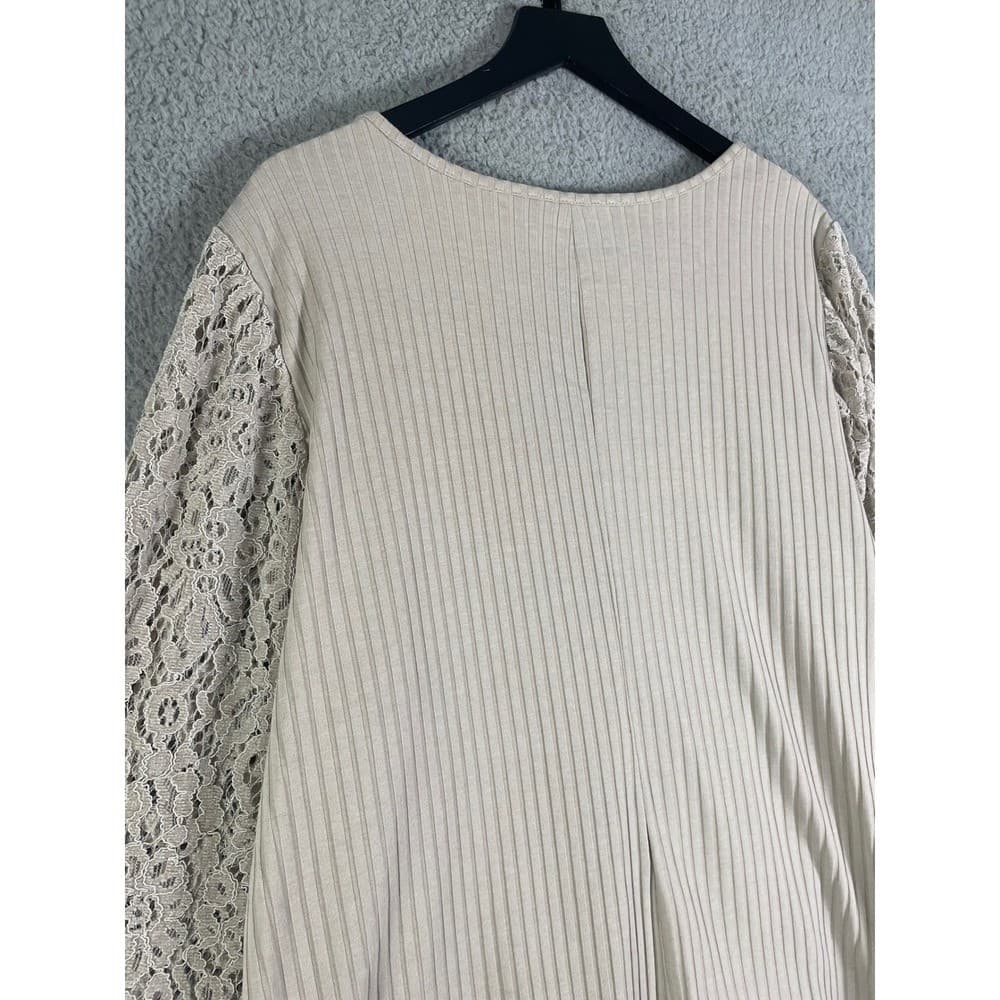 Cato Plus Size 22W 24W Beige Ribbed Top Lace Balloon Sleeve Blouse - Thumbnail 12