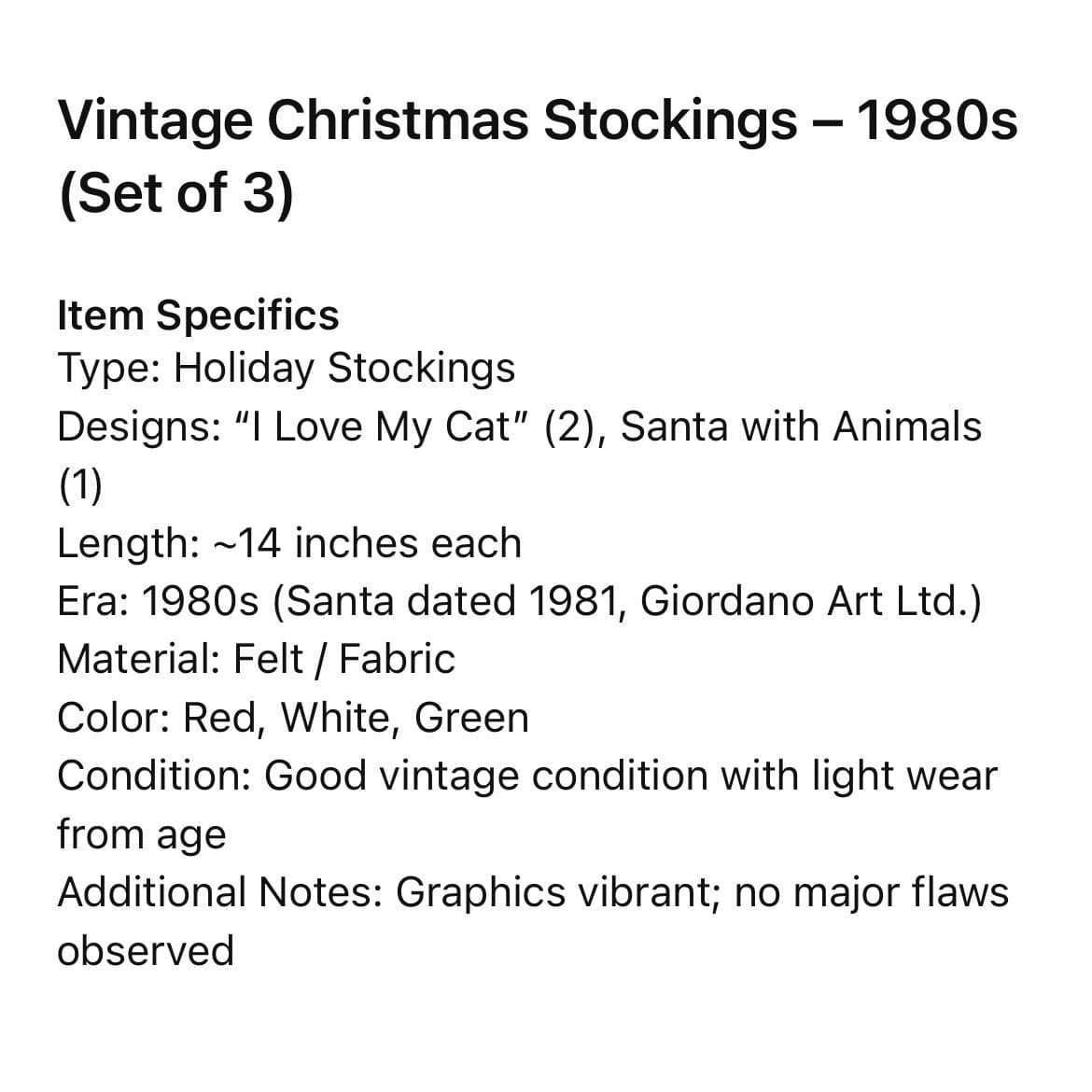 Vintage 1980s Christmas Stockings Lot 3 Santa Claus Kitten Cat White Felt Fabric - Thumbnail 3