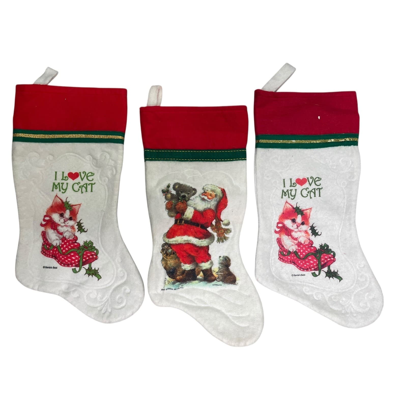 Vintage 1980s Christmas Stockings Lot 3 Santa Claus Kitten Cat White Felt Fabric - Thumbnail 4