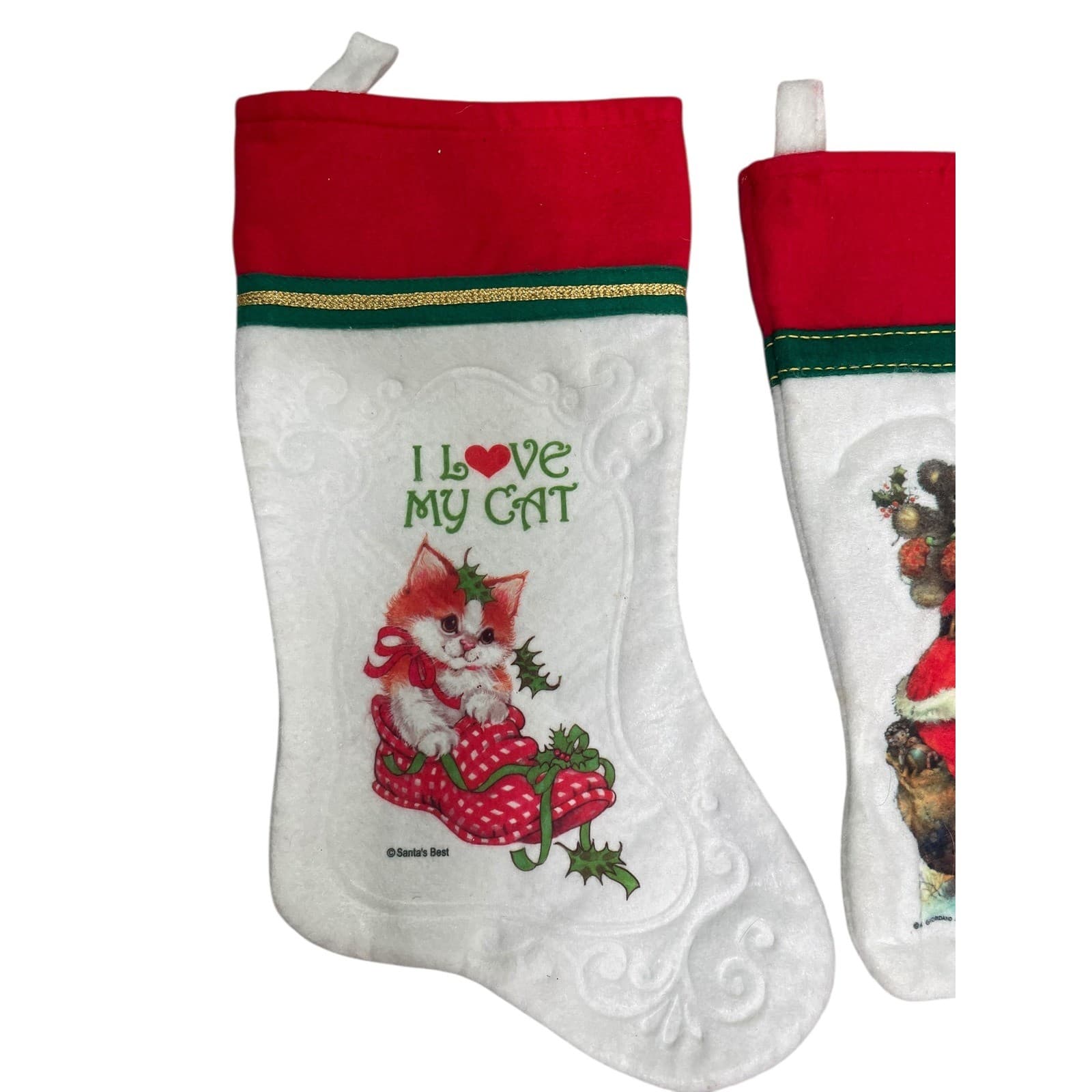 Vintage 1980s Christmas Stockings Lot 3 Santa Claus Kitten Cat White Felt Fabric - Thumbnail 5