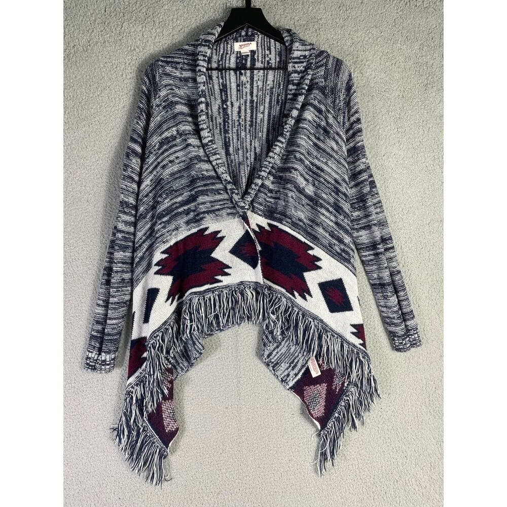 Arizona Jean Co Womens Southwestern Fringe Cardigan Sweater Small Gray Aztec