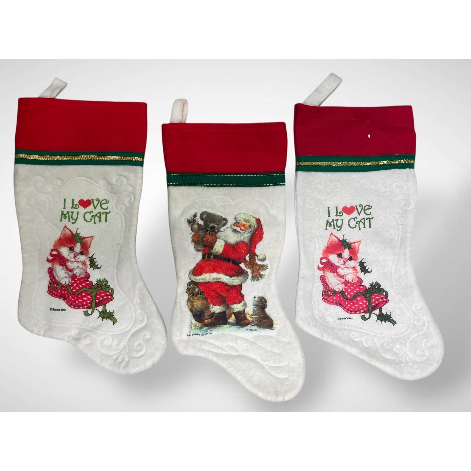 Vintage 1980s Christmas Stockings Lot 3 Santa Claus Kitten Cat White Felt Fabric - Thumbnail 2
