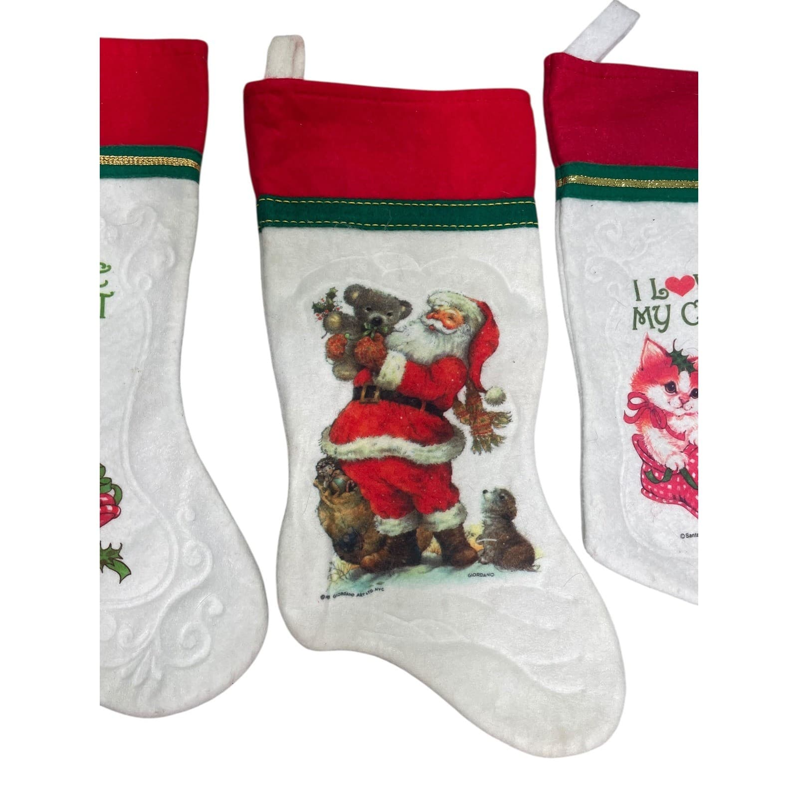 Vintage 1980s Christmas Stockings Lot 3 Santa Claus Kitten Cat White Felt Fabric - Thumbnail 6