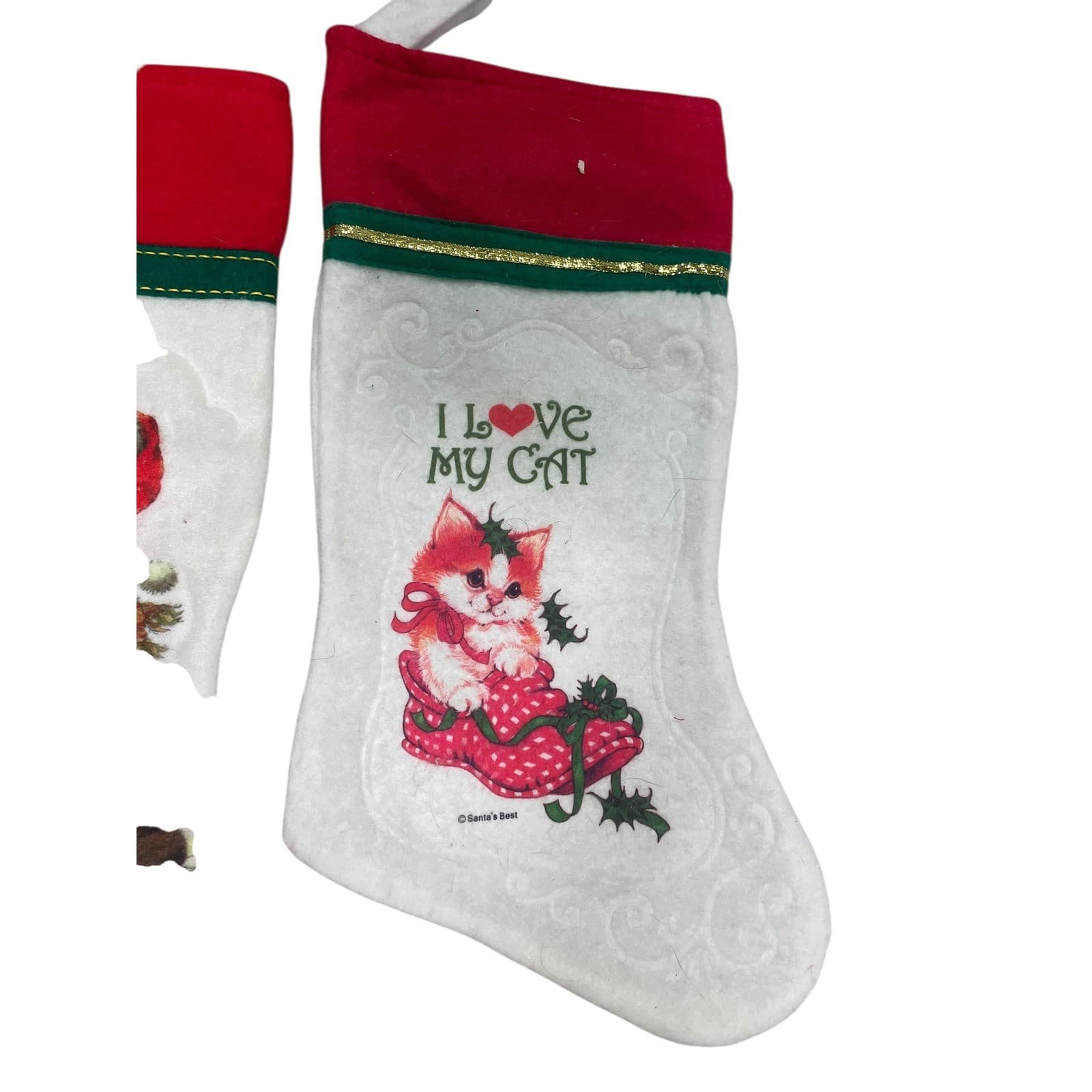 Vintage 1980s Christmas Stockings Lot 3 Santa Claus Kitten Cat White Felt Fabric - Thumbnail 7