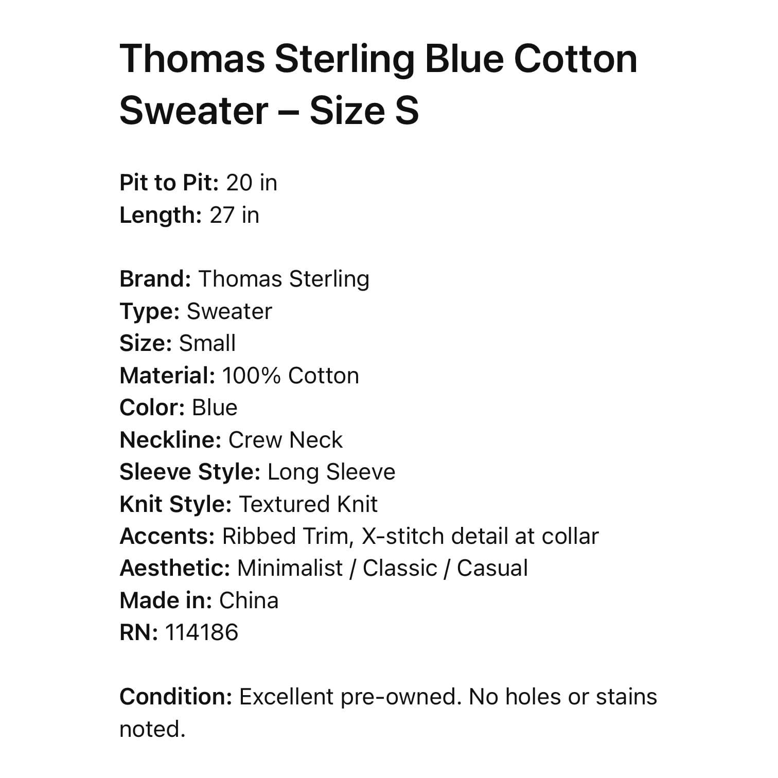 Thomas Sterling Mens Blue Textured Knit Crew Neck Sweater Size Small Cotton - Thumbnail 2