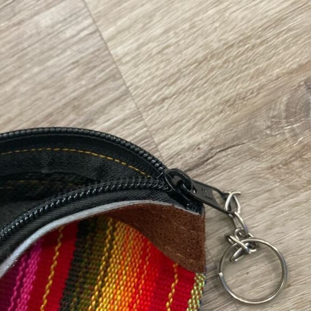 Handmade Guatemalan Leather Cotton Coin Purse Keychain Zipper Pouch Stripe - Thumbnail 10