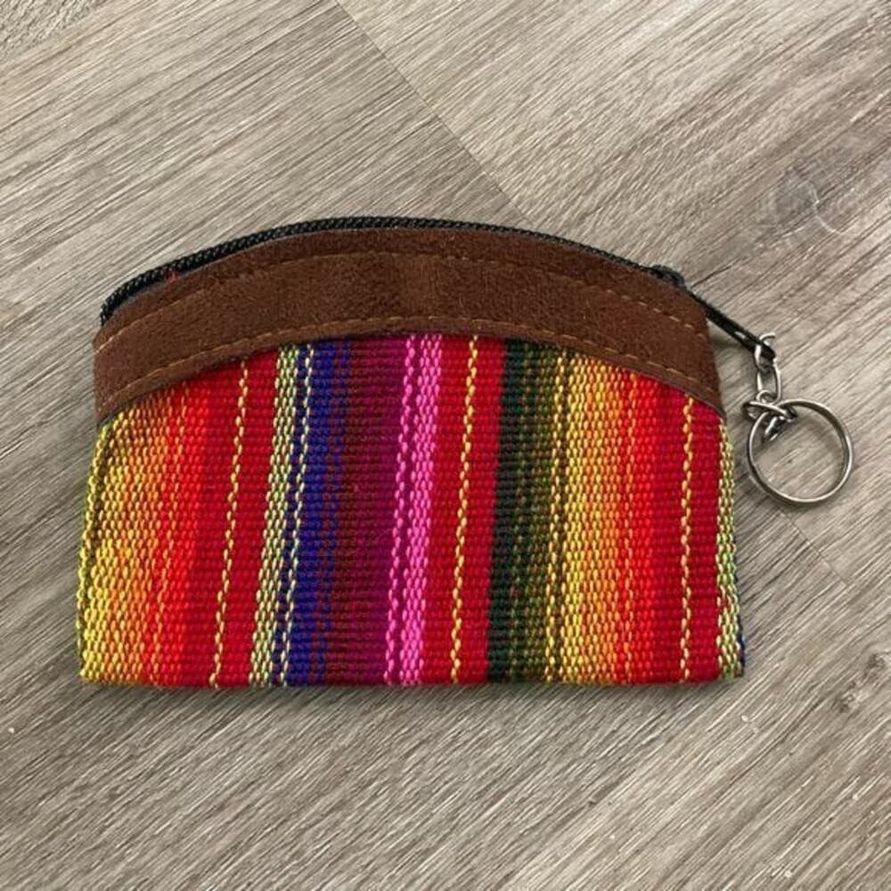 Handmade Guatemalan Leather Cotton Coin Purse Keychain Zipper Pouch Stripe - Thumbnail 8