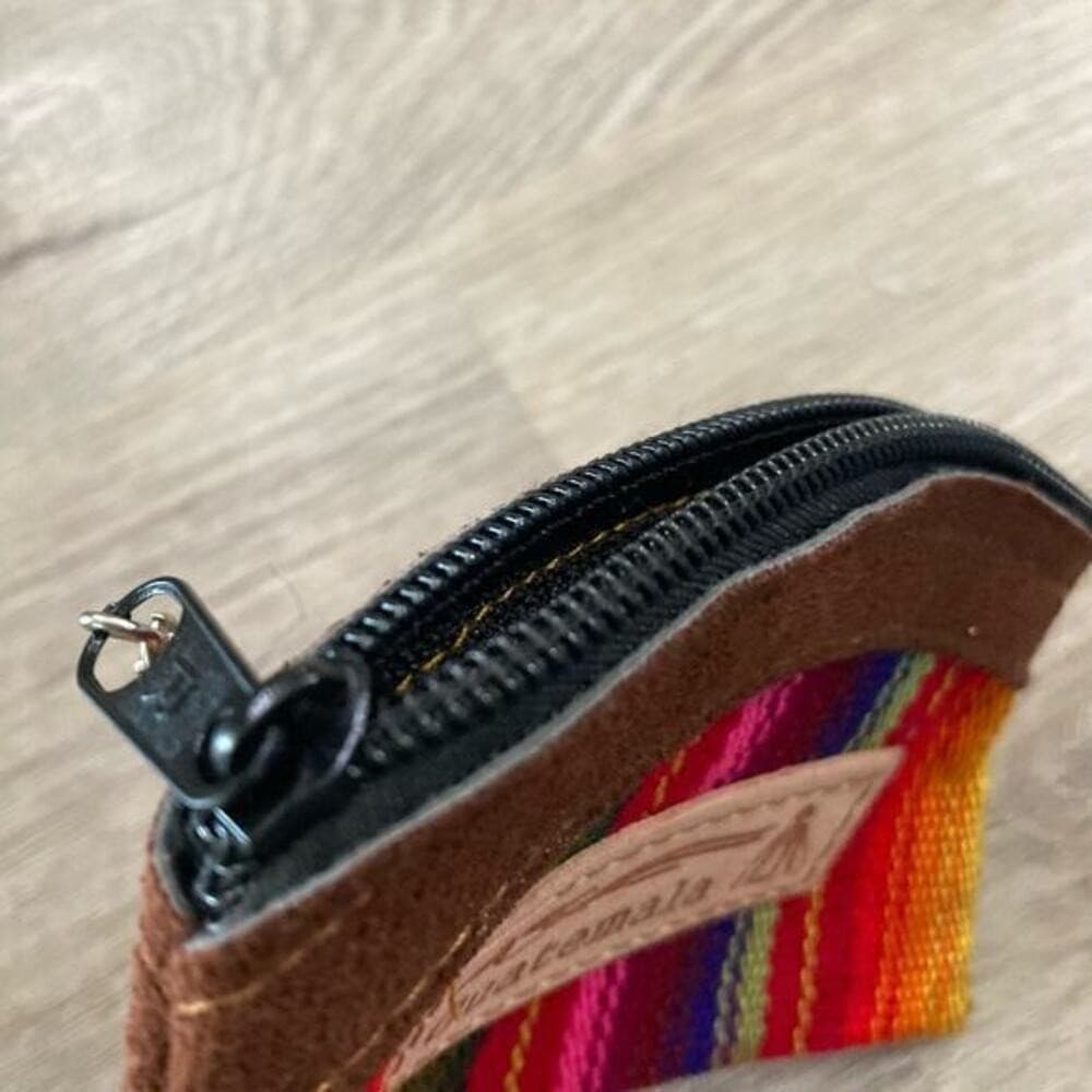 Handmade Guatemalan Leather Cotton Coin Purse Keychain Zipper Pouch Stripe - Thumbnail 7