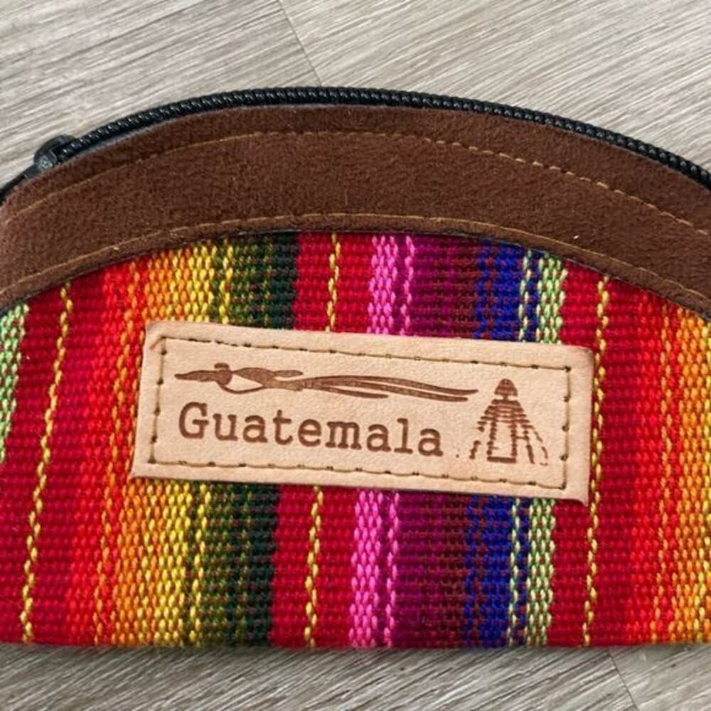 Handmade Guatemalan Leather Cotton Coin Purse Keychain Zipper Pouch Stripe - Thumbnail 4