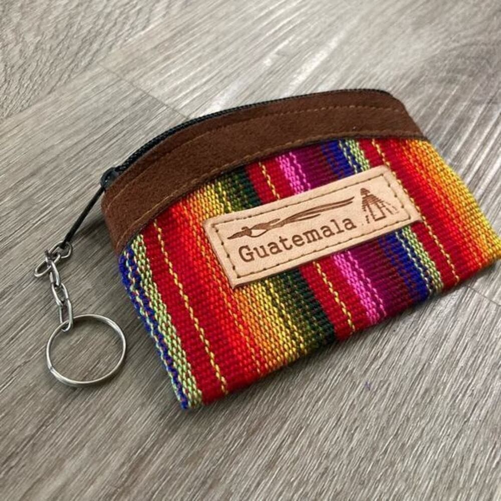 Handmade Guatemalan Leather Cotton Coin Purse Keychain Zipper Pouch Stripe - Thumbnail 6