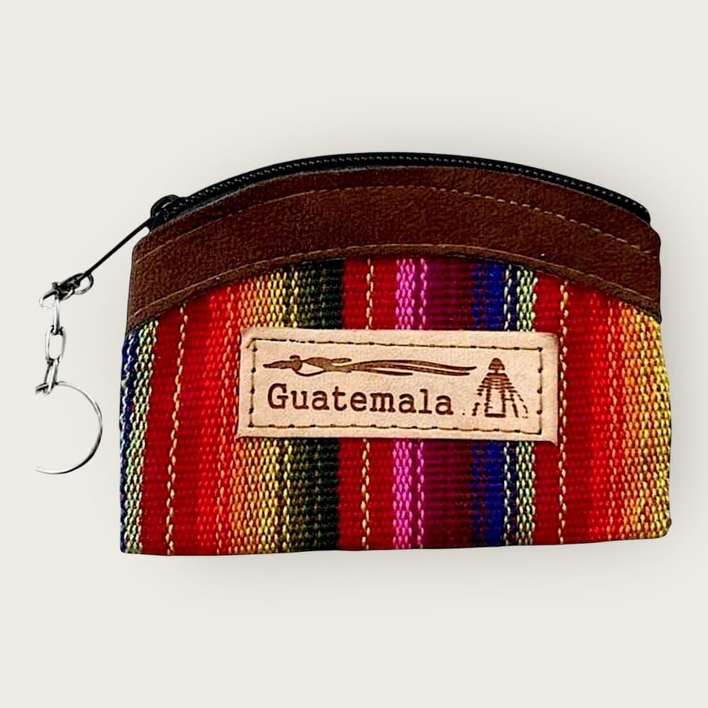 Handmade Guatemalan Leather Cotton Coin Purse Keychain Zipper Pouch Stripe - Thumbnail 2