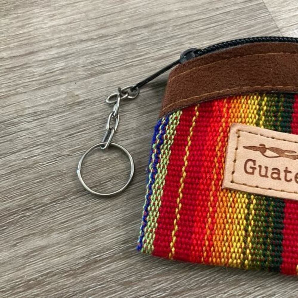 Handmade Guatemalan Leather Cotton Coin Purse Keychain Zipper Pouch Stripe - Thumbnail 5