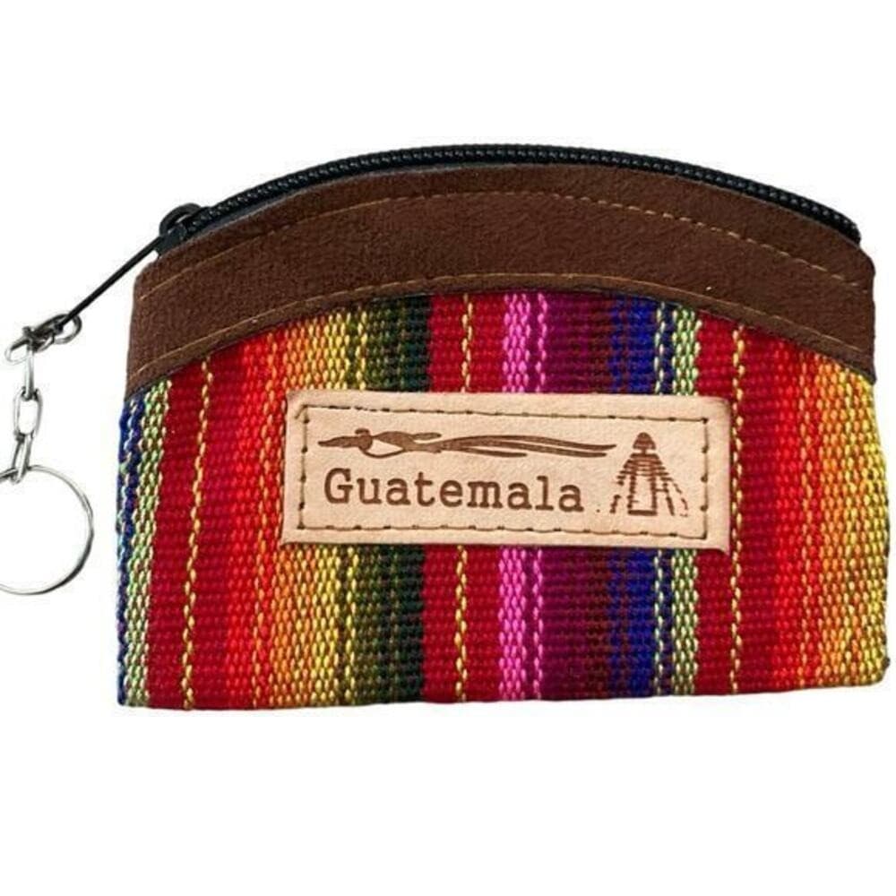 Handmade Guatemalan Leather Cotton Coin Purse Keychain Zipper Pouch Stripe - Thumbnail 3