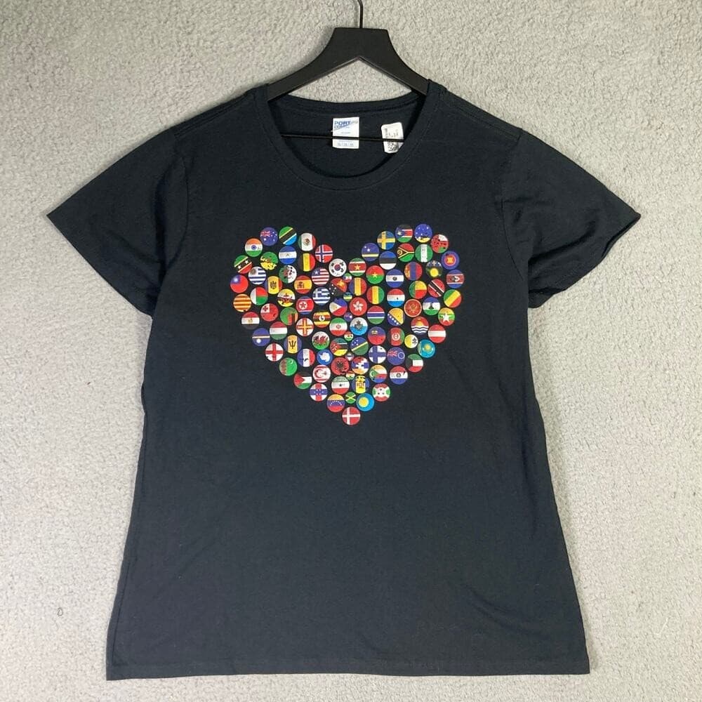 Womens International Flags Heart Graphic T-Shirt Black Cotton XL Short Sleeve - Thumbnail 2