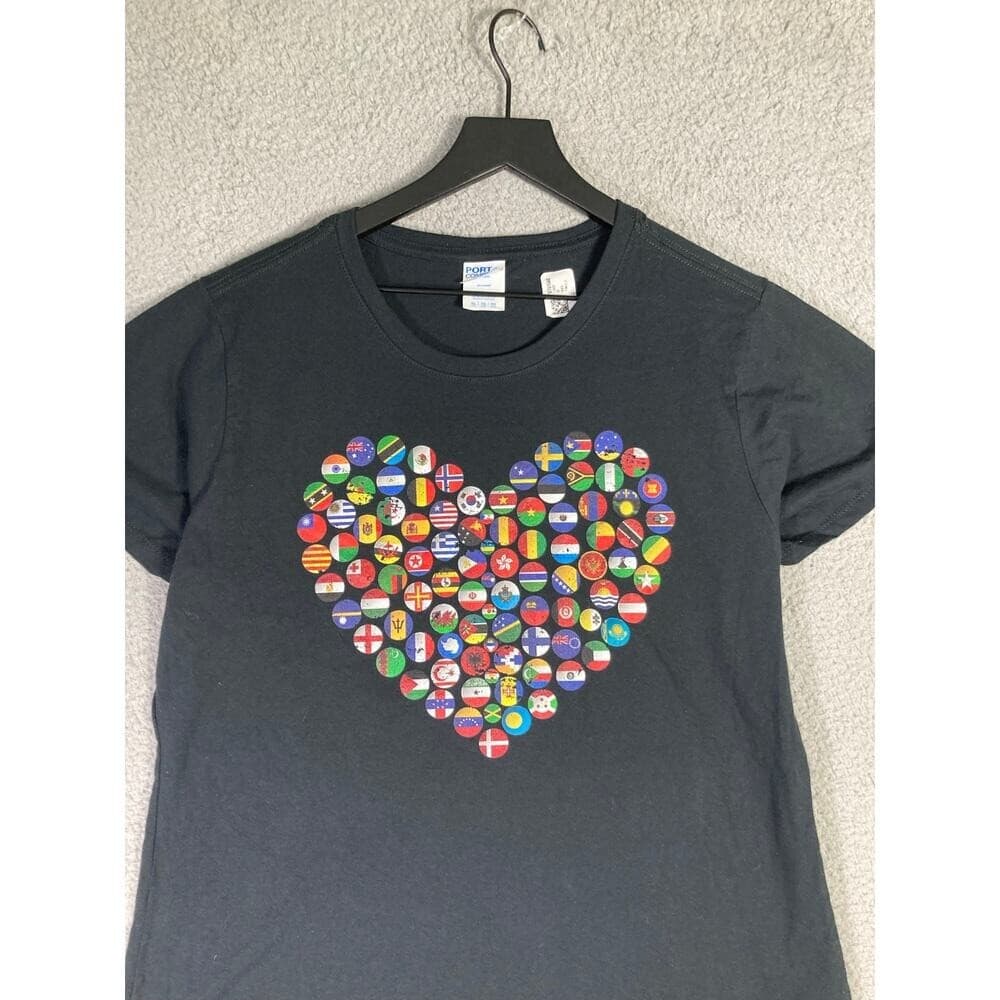 Womens International Flags Heart Graphic T-Shirt Black Cotton XL Short Sleeve - Thumbnail 4