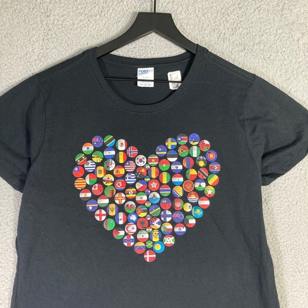 Womens International Flags Heart Graphic T-Shirt Black Cotton XL Short Sleeve - Thumbnail 3