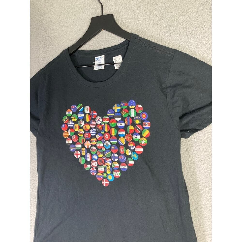 Womens International Flags Heart Graphic T-Shirt Black Cotton XL Short Sleeve - Thumbnail 5
