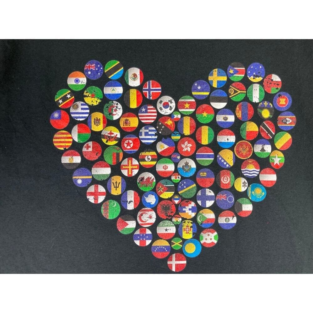 Womens International Flags Heart Graphic T-Shirt Black Cotton XL Short Sleeve - Thumbnail 6