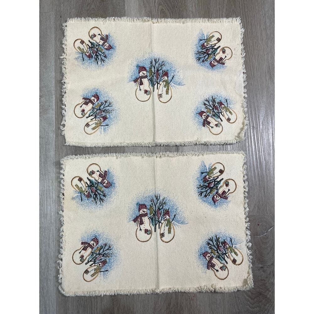 Holiday Snowman Placemats Set of 2 13x19 Winter Table Decor Fringe Vintage - Thumbnail 3